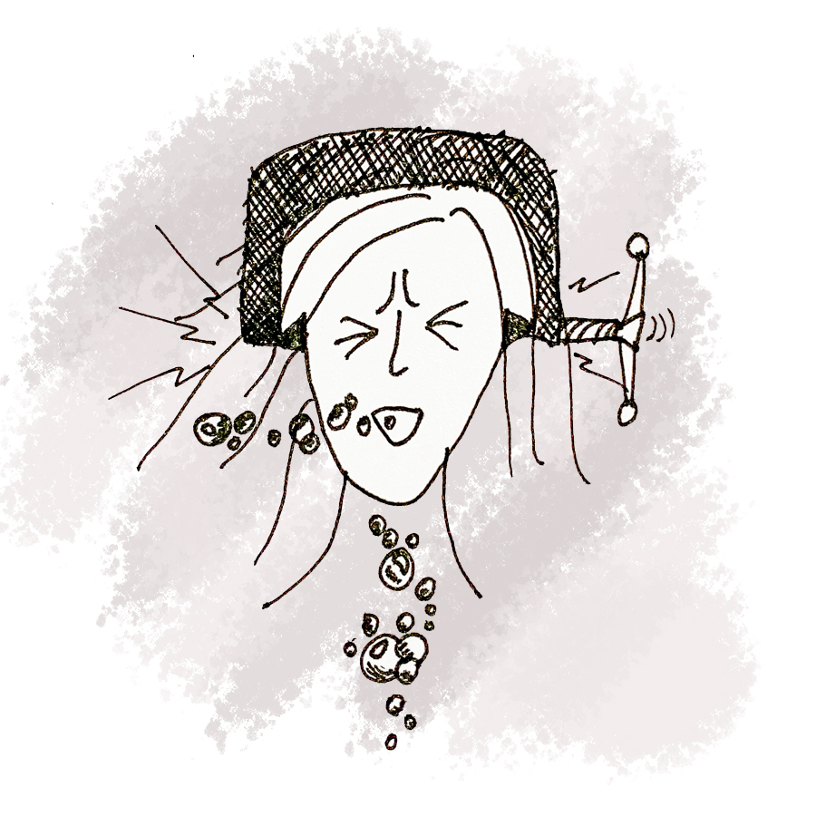 A black-and-white line illustration of a woman with her head in a vice, showing what migraines and headaches feel like for Long Covid patients.